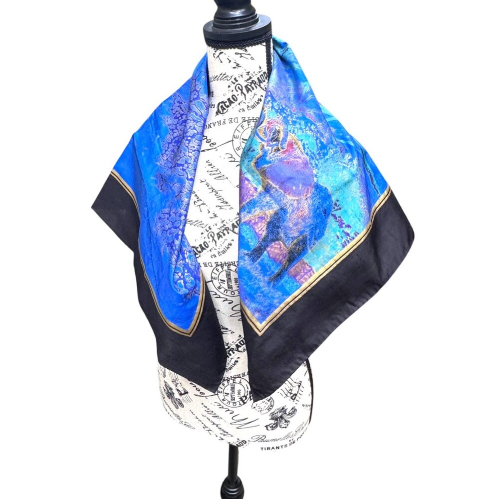 Vintage Thai Silk Scarf Black Gold Safari Elephants African Wildlife Print 34"